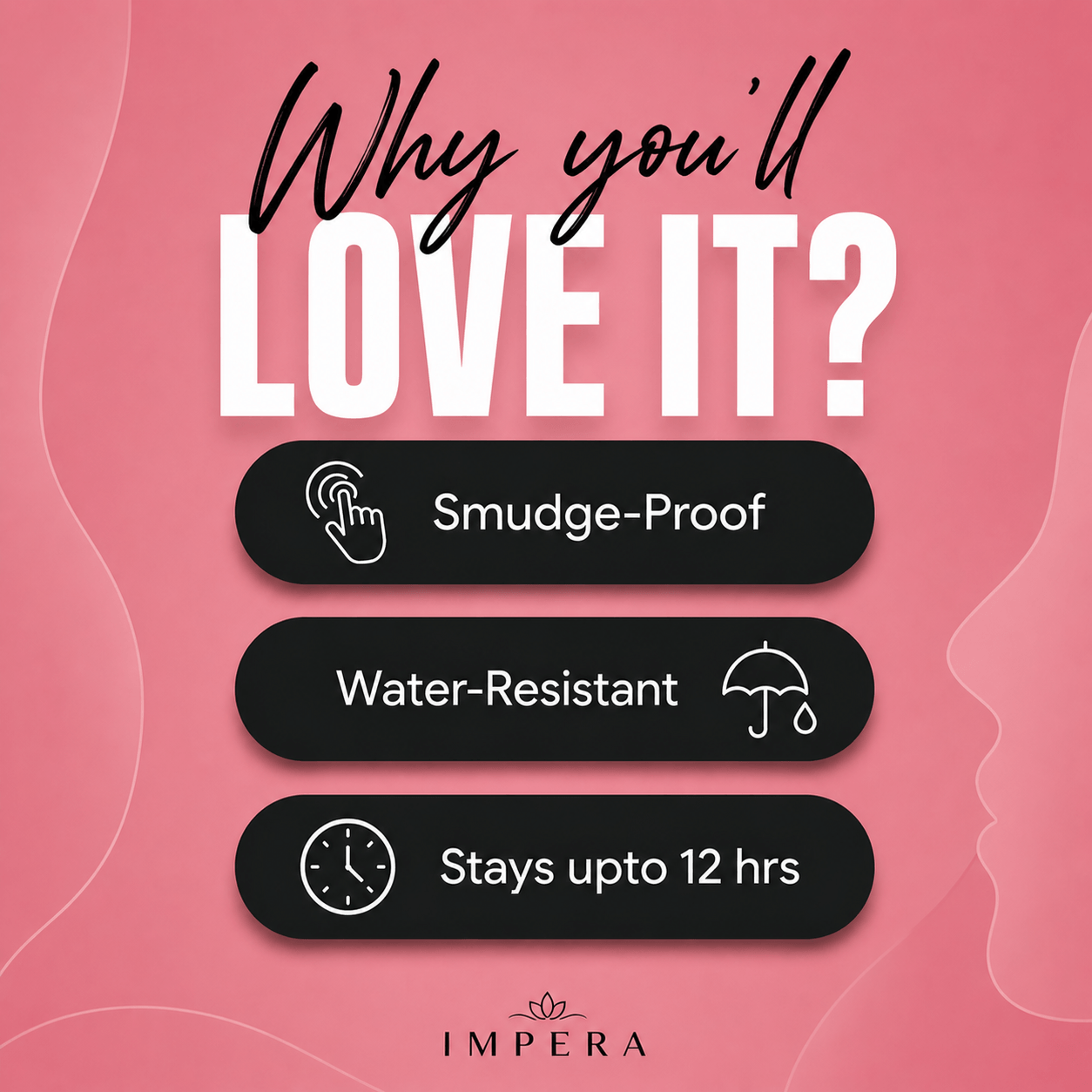 Promotional graphic for Impera with features of waterproof liquid eyeliner on a pink background