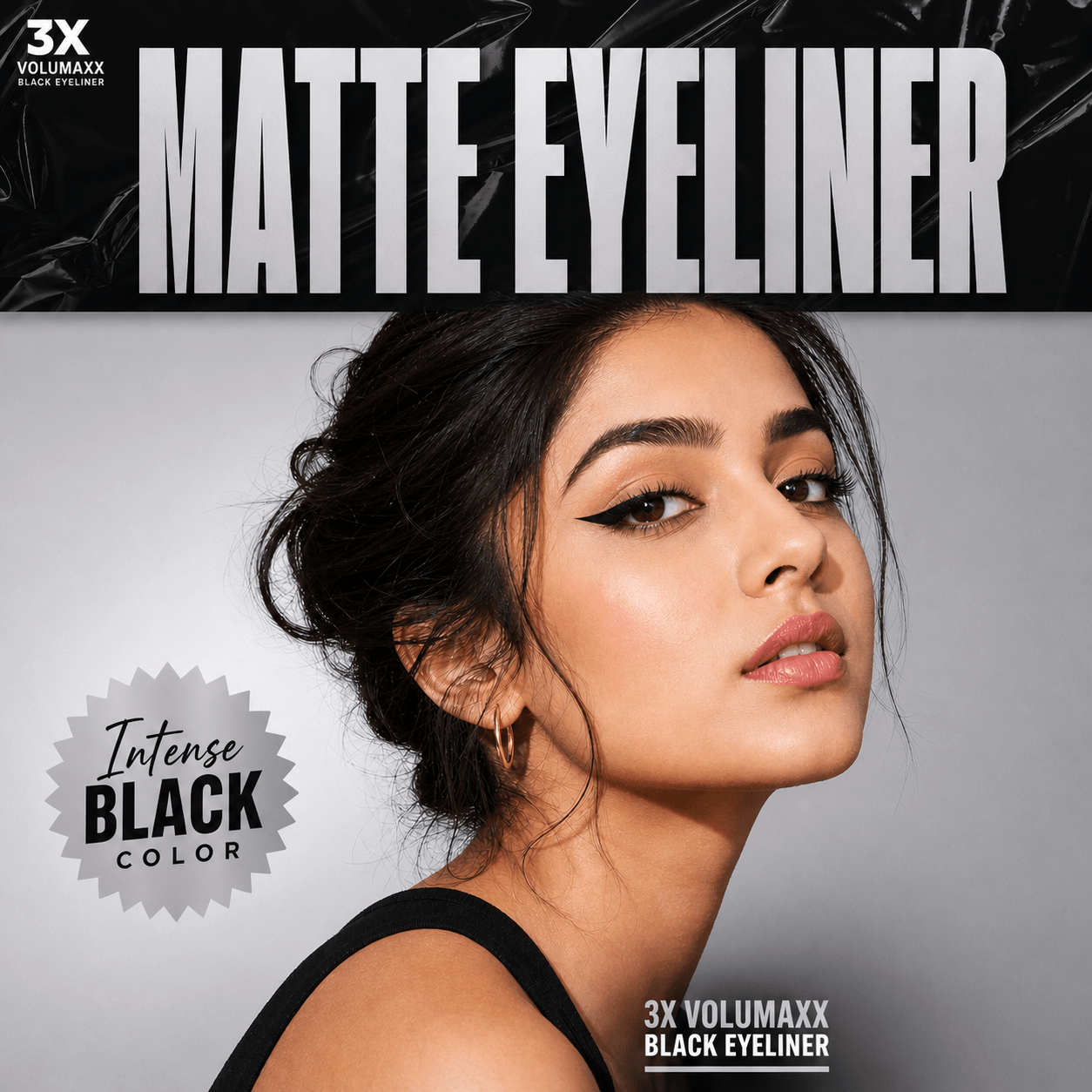 Advertisement for 3X Volumaxx matte waterproof liquid eyeliner with a model wearing the product.