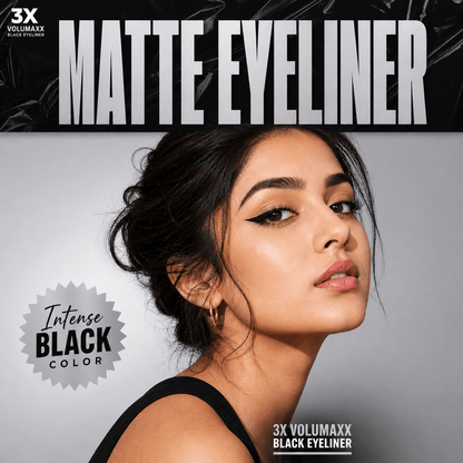 Advertisement for 3X Volumaxx matte waterproof liquid eyeliner with a model wearing the product.