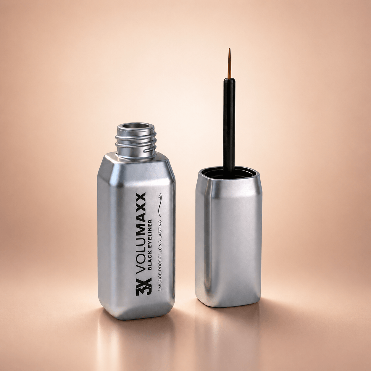 Silver waterproof liquid eyeliner bottle with brush on a beige background
