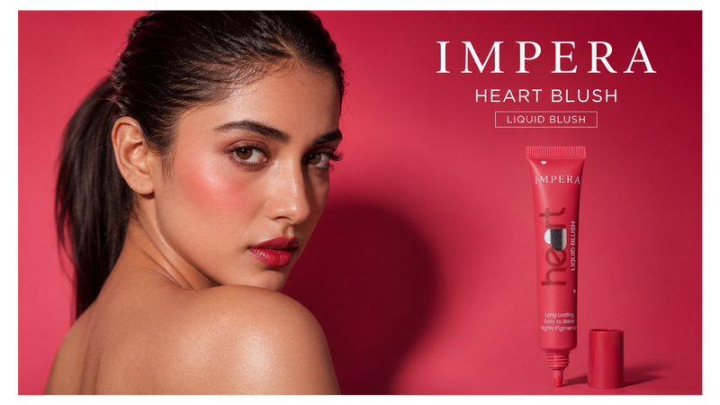 Model withImpera Heart Blush on a red background