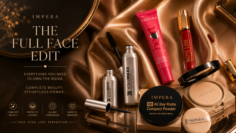 Makeup products including lipsticks, powders, and a brush on a satin surface with 'Impera' branding.