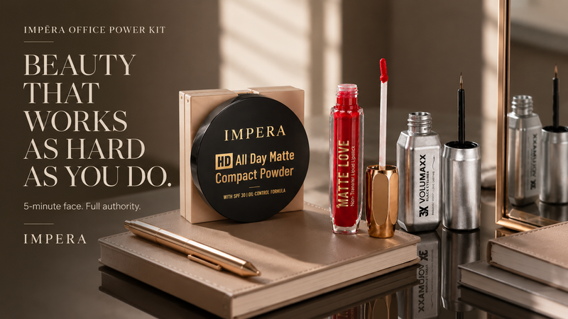 IMPERA office power kit with makeup products on a desk