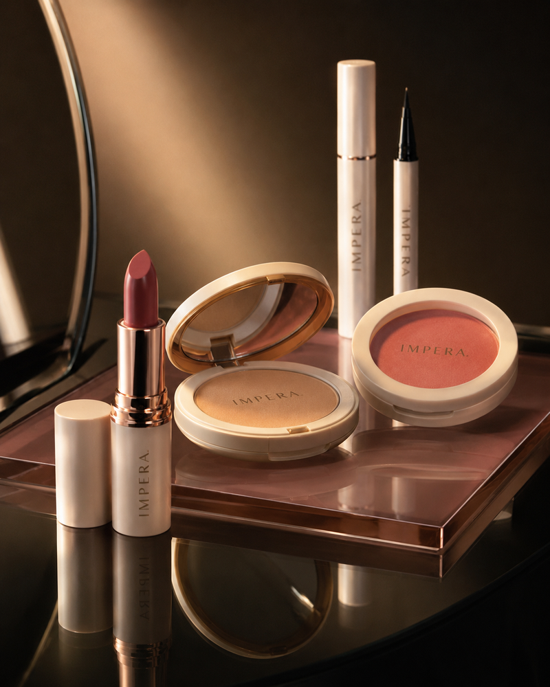 Luxury compact powder flatlay with matte nude beauty styling by IMPERA”