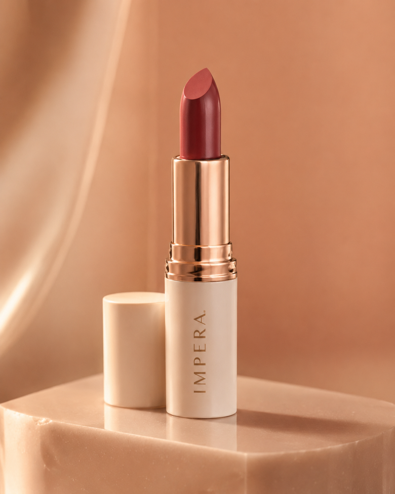 “Premium IMPERA compact powder product shot with nude luxury aesthetic”