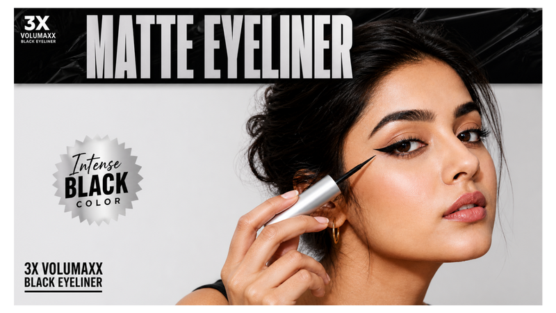 Woman applying matte eyeliner with a brush, product packaging in the background