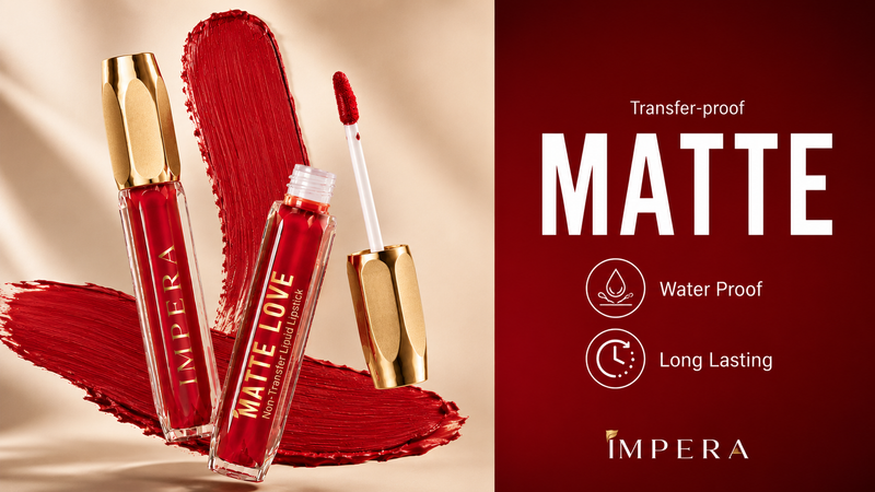 Red lip gloss with gold caps on a beige background, featuring the brand 'Impera'.