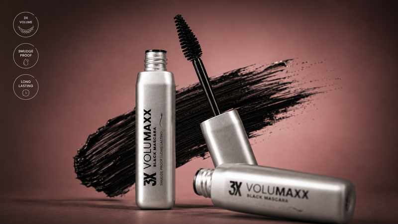 3X Volumaxx mascara with applicator on a brown background