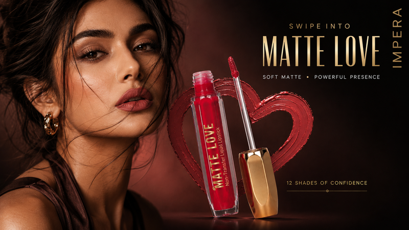 “Model holding IMPERA Matte Love liquid lipstick in luxury beauty campaign”