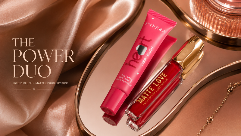 Close-up beauty composition with IMPERA nude lipstick and soft glam styling