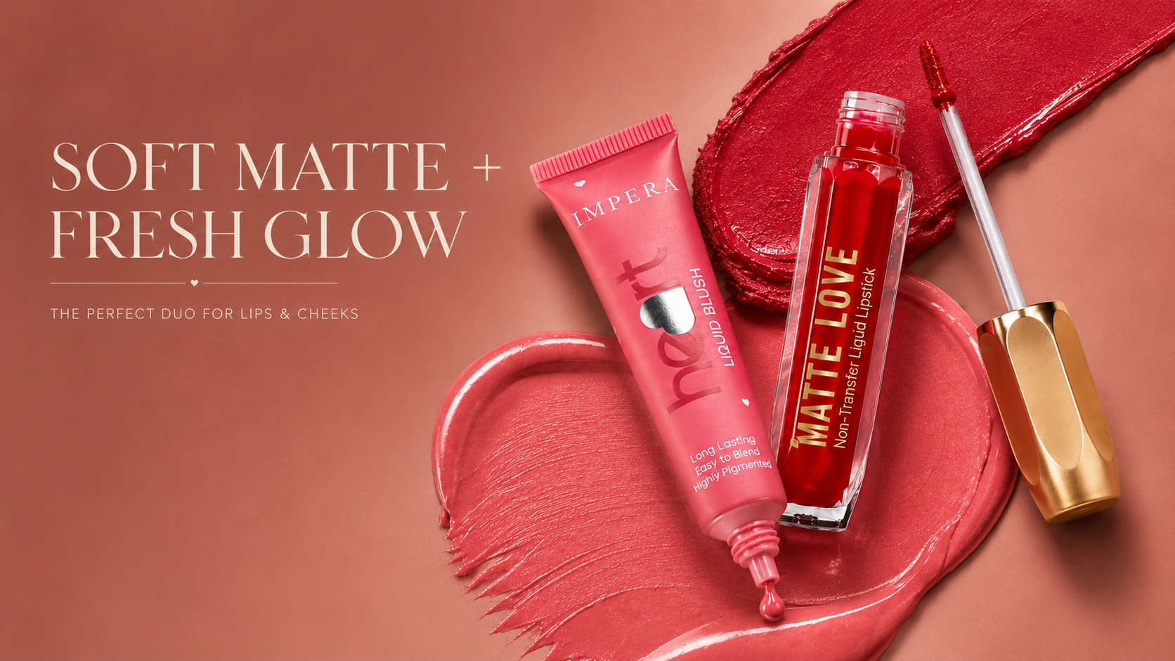 Premium pink cosmetic flatlay featuring IMPERA beauty products