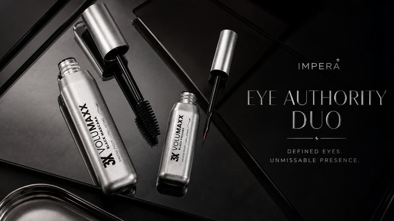 Premium IMPERA mascara and eyeliner flatlay with dark luxury aesthetic