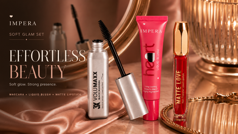 Luxury IMPERA cosmetic flatlay featuring lipstick and blush products
