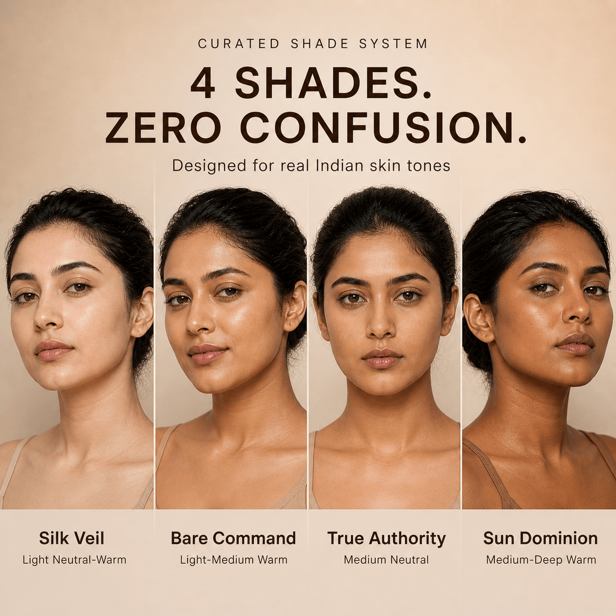 Four women with different skin tones and a text overlay about a curated shade system for real Indian skin tones.matte compact powder