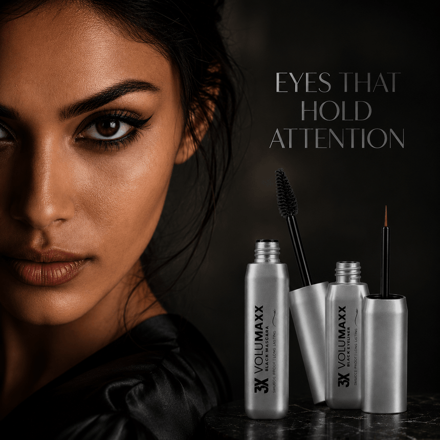 kajal and mascara comboEditorial beauty portrait featuring bold IMPERA eye makeup look