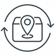 Icon of a package with a location pin inside, surrounded by circular arrows on a white background.