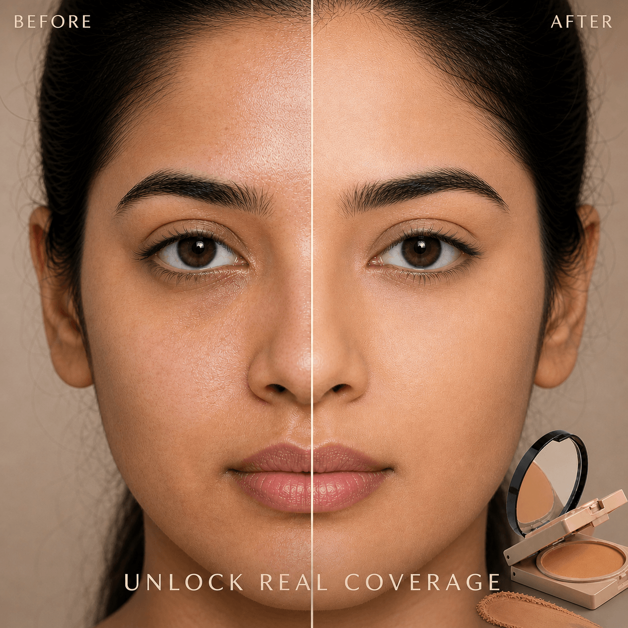 Before and after comparison of a woman's face with makeup product, highlighting real coverage.matte compact powder
