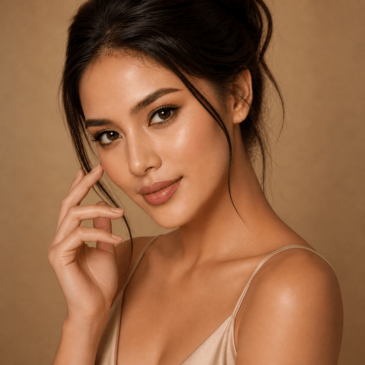 Woman with a soft smile and hand near her face against a beige backgroundmatte compact powder