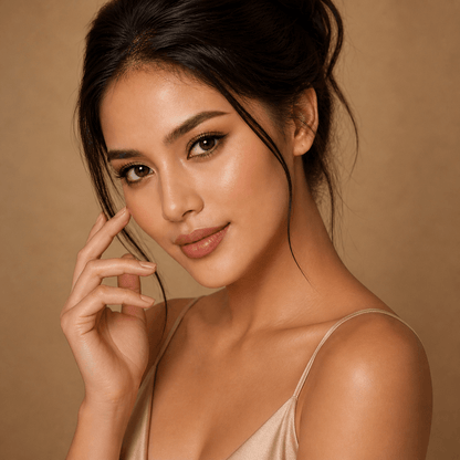 Woman with a soft smile and hand near her face against a beige backgroundmatte compact powder