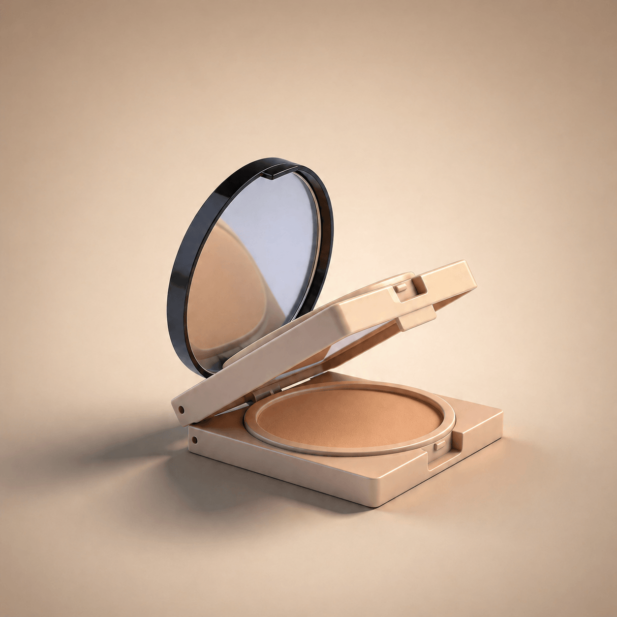 matte compact powderr with mirror on a beige background