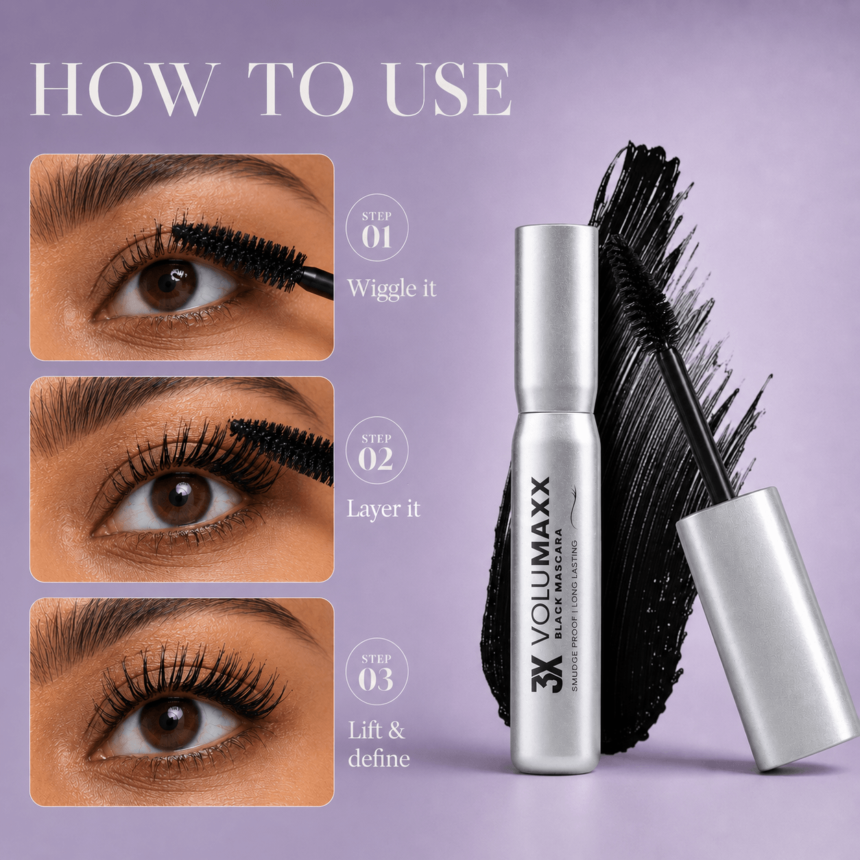 3X Volumaxx volumizing mascara with usage instructions on a purple background