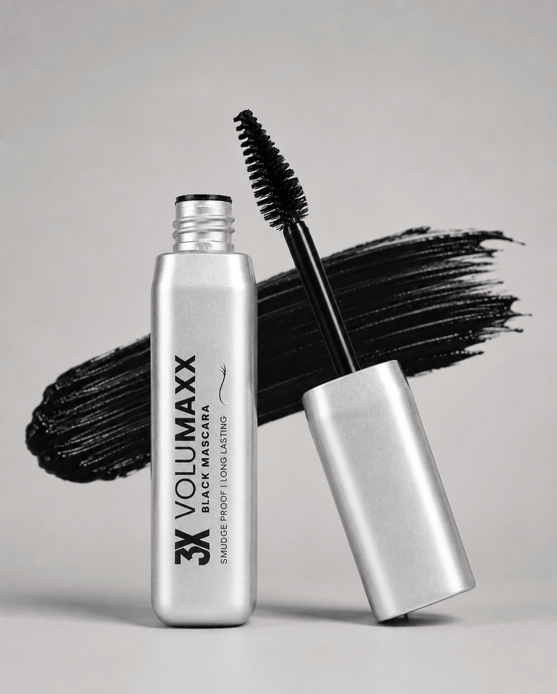 3X Volumaxx mascara bottle with black wand on a gray background volumizing mascara