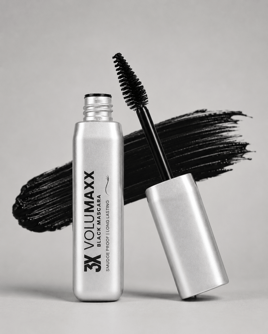3X Volumaxx mascara bottle with black wand on a gray background volumizing mascara