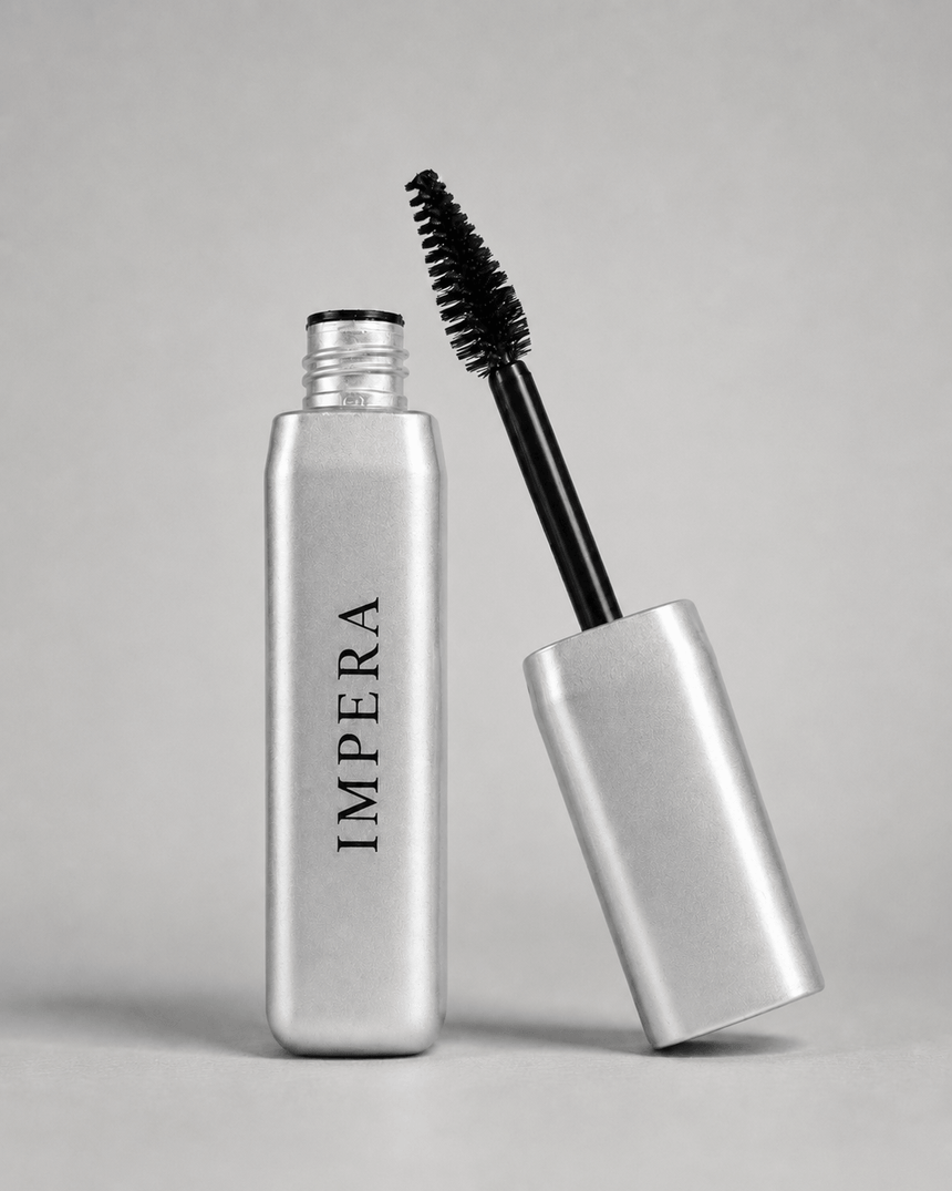Silver volumizing mascara bottle with black wand on a gray background, featuring the brand 'IMPERA'.