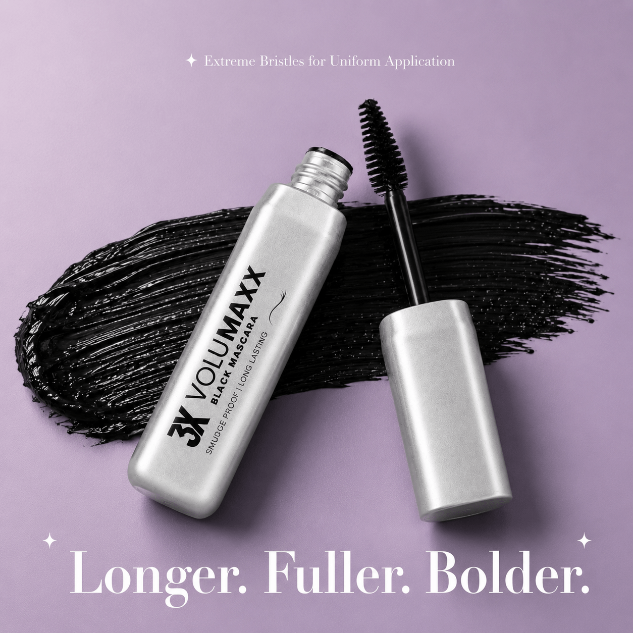 Volumaxx volumizing mascara bottle with applicator on a purple background