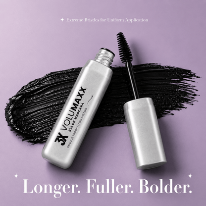 Volumaxx volumizing mascara bottle with applicator on a purple background