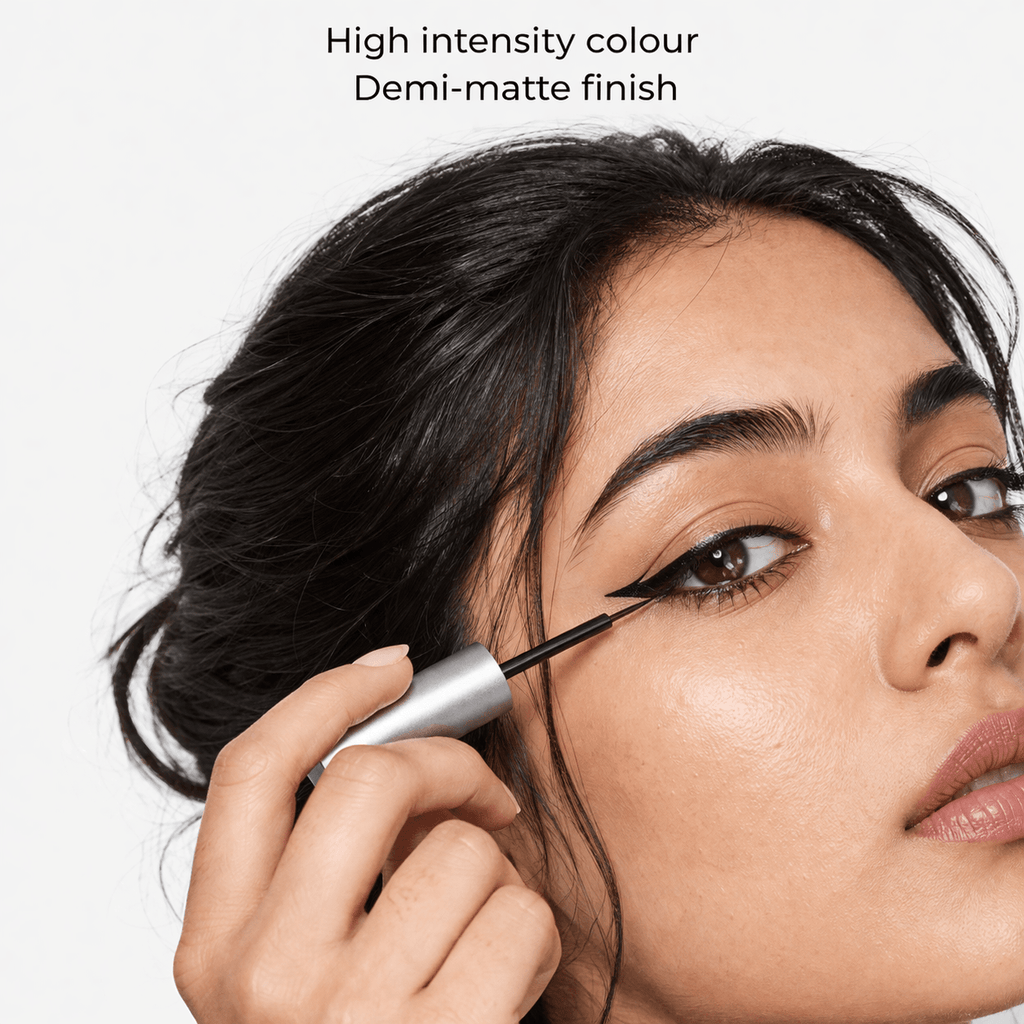 Woman applying 3X Volumaxx waterproof liquid eyeliner with a brush, text indicating high intensity color and demi-matte finish.