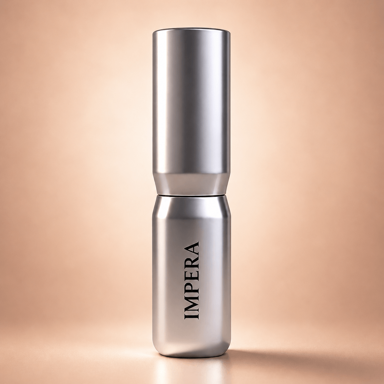 Silver waterproof liquid eyeliner bottle with 'IMPERA' branding on a beige background