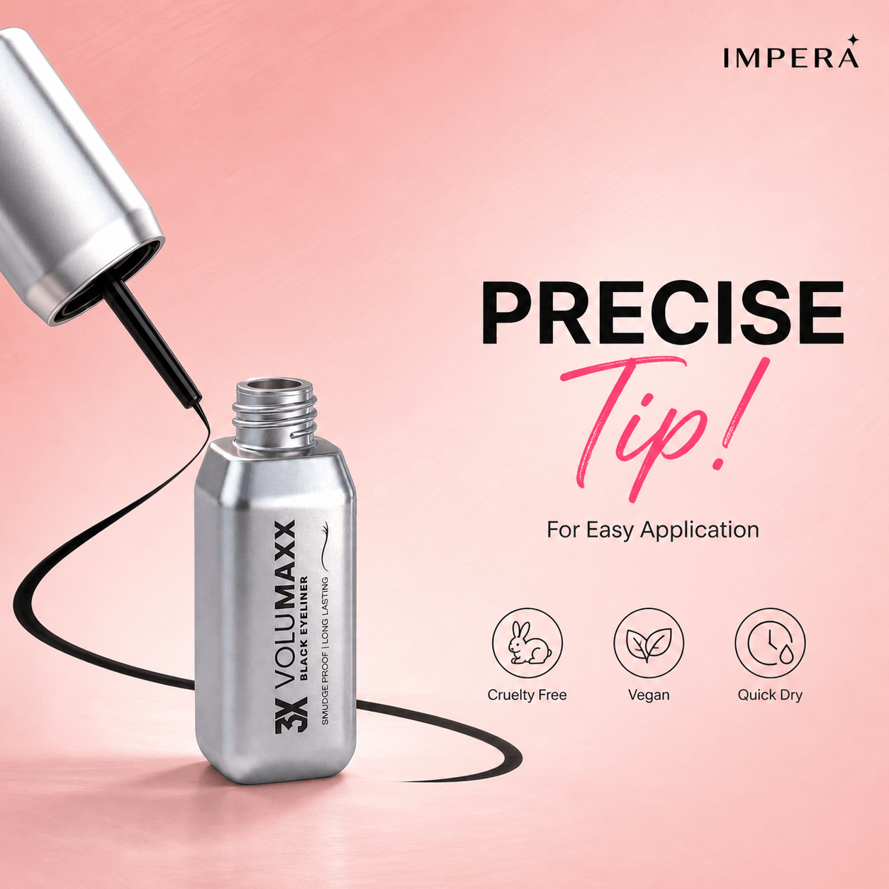 waterproof liquid eyeliner bottle with applicator on a pink background, featuring the brand 'Impera'.