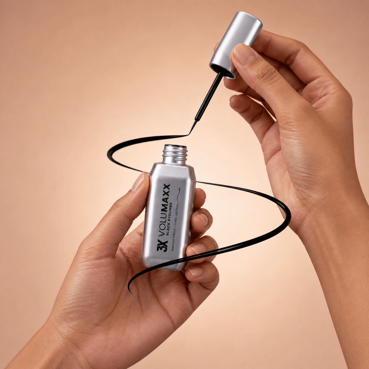 Person applying Volumaxx waterproof liquid eyeliner with a brush on a beige background