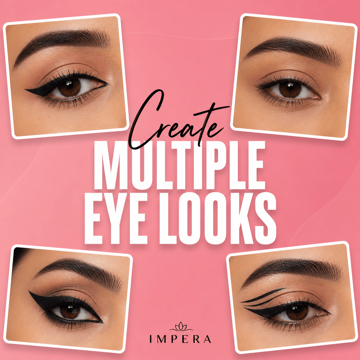 Advertisement for IMPERA waterproof liquid eyeliner with close-up shots of eyes and text on a pink background