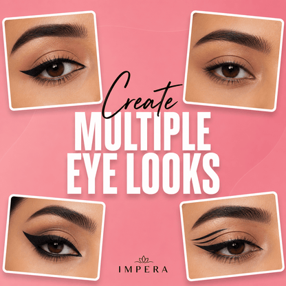 Advertisement for IMPERA waterproof liquid eyeliner with close-up shots of eyes and text on a pink background