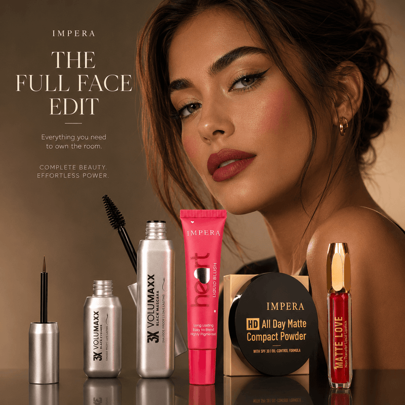 full face makeup kit“Luxury IMPERA lipstick flatlay with premium editorial beauty styling”