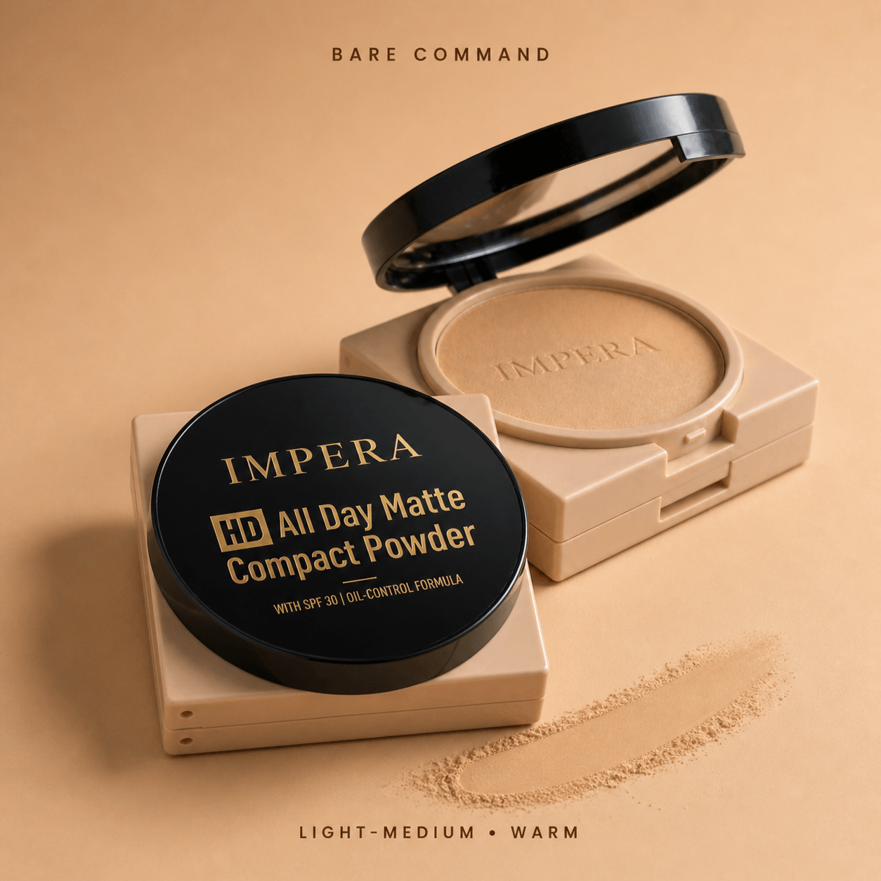 IMPERA HD All Day Matte Compact Powder with beige color swatch on a beige background
