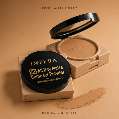 IMPERA HD All Day Matte Compact Powder on a beige background