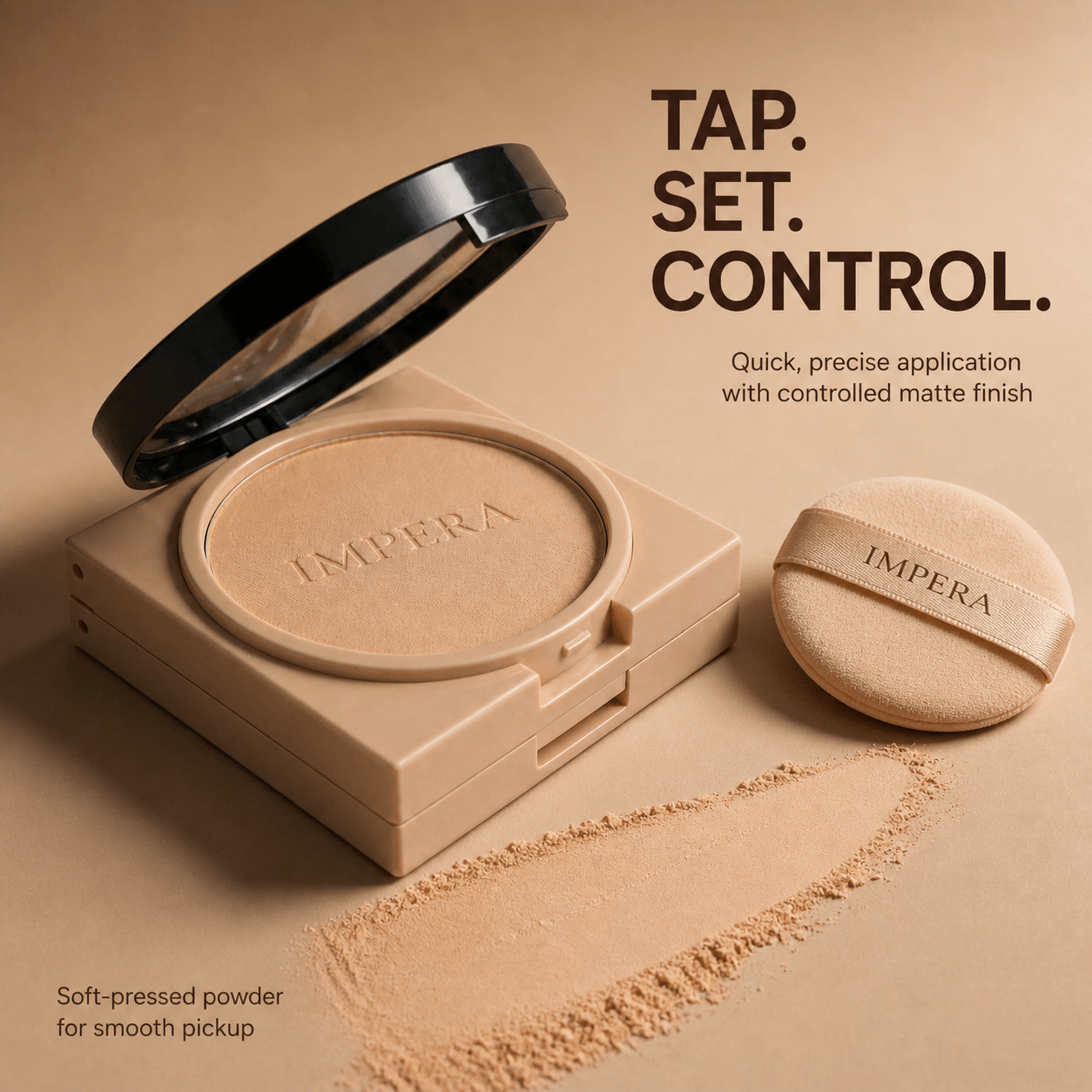IMPERA matte compact powder with a sponge applicator on a beige background