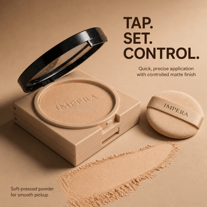 IMPERA matte compact powder with a sponge applicator on a beige background