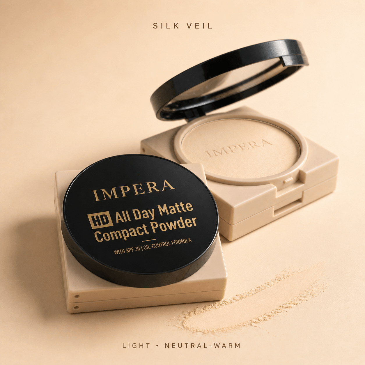 IMPERA HD All Day Matte Compact Powder on a beige background