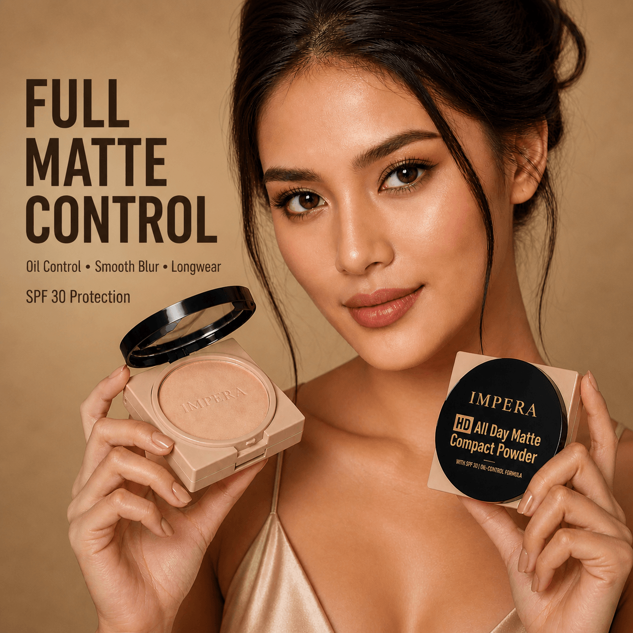 Woman holding a matte compact powder with 'IMPERA' branding against a beige background