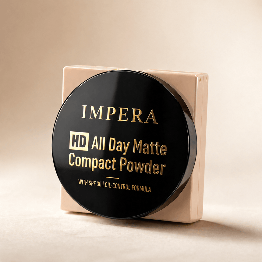 IMPERA HD All Day Matte Compact Powder container on a beige background