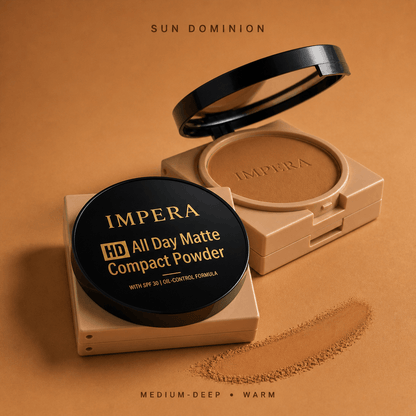 IMPERA HD All Day Matte Compact Powder on a brown background