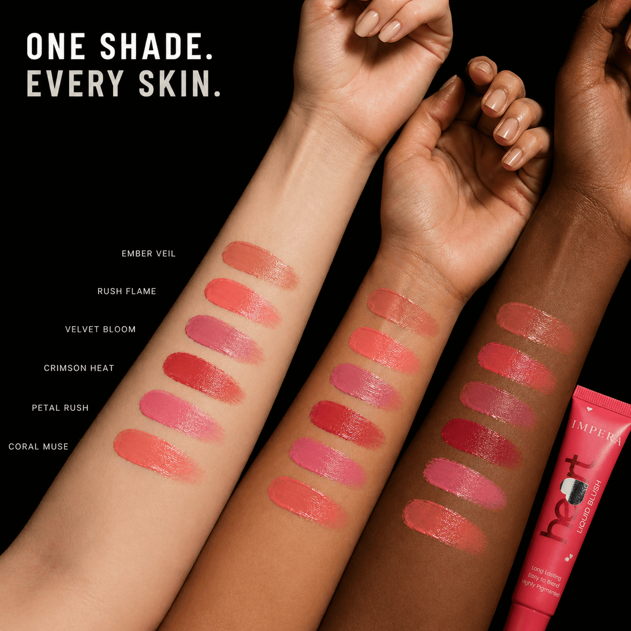 LIQUID BLUSH swatches on multiple skin tones with product name 'beat' visible.
