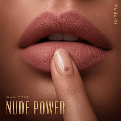 “Soft nude matte lips with full coverage IMPERA matte liquid lipstick finish”