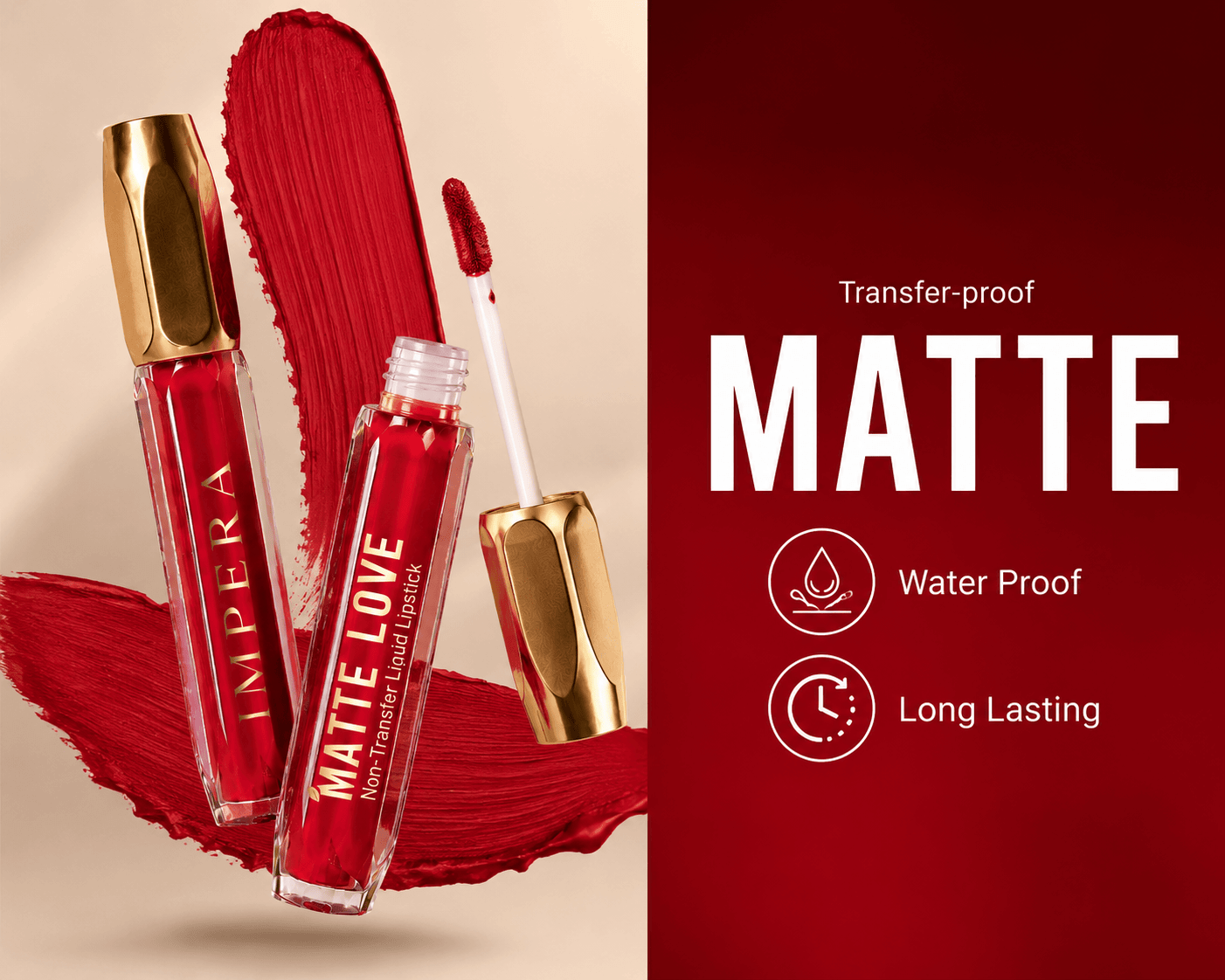 Two redmatte liquid lipstick with gold caps on a beige background, featuring the brand 'IMPERIA' and text highlighting features like 'Transfer-proof', 'Matte', 'Waterproof', and 'Long Lasting'.