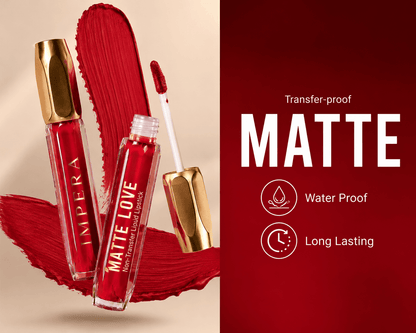 Two redmatte liquid lipstick with gold caps on a beige background, featuring the brand 'IMPERIA' and text highlighting features like 'Transfer-proof', 'Matte', 'Waterproof', and 'Long Lasting'.