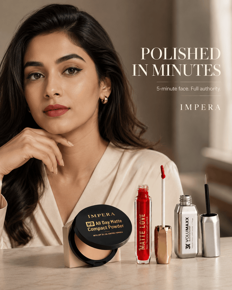 office makeup kit“Editorial model portrait wearing IMPERA nude matte lipstick”
